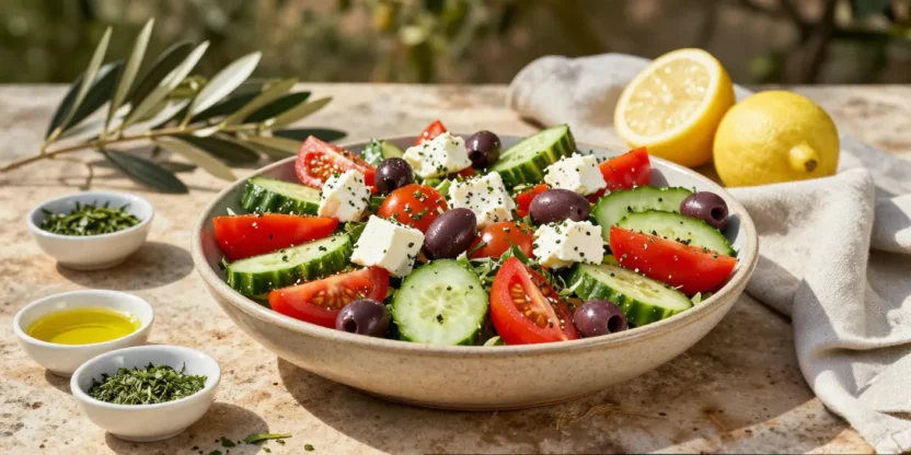 Beautifully served Mediterranean salad with tomatoes, cucumbers, feta cheese, olives, and fresh herbs arranged in an elegant outdoor setting.