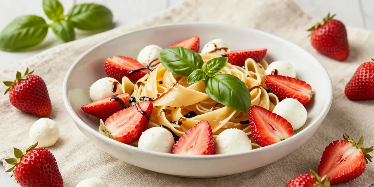 Strawberry caprese pasta salad with fresh basil, mozzarella, balsamic glaze, and vibrant summer styling on elegant linen backdrop.