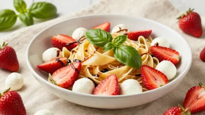 Strawberry caprese pasta salad with fresh basil, mozzarella, balsamic glaze, and vibrant summer styling on elegant linen backdrop.
