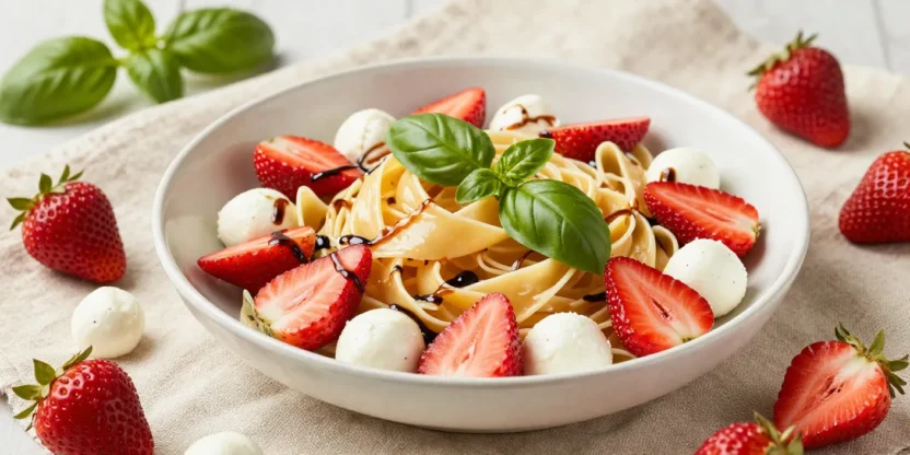 Strawberry caprese pasta salad with fresh basil, mozzarella, balsamic glaze, and vibrant summer styling on elegant linen backdrop.