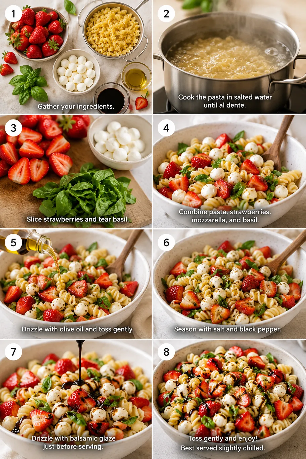 Vertical process collage showing the preparation of strawberry caprese pasta salad from ingredients and cooking to the finished dish.