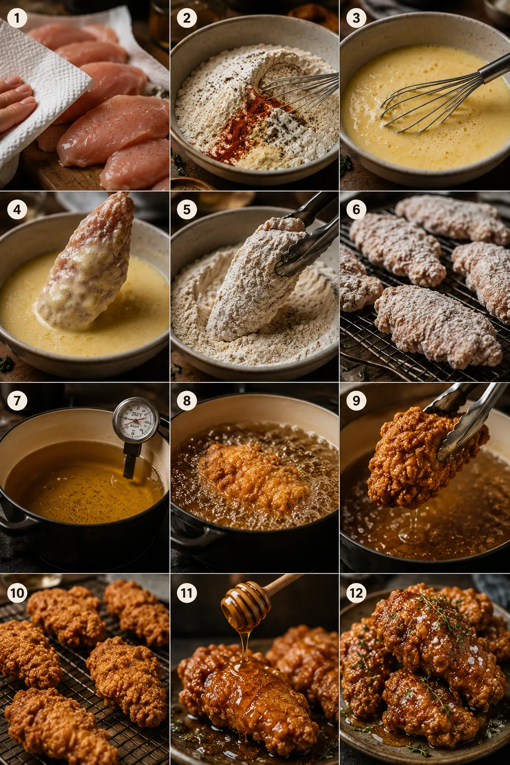 Vertical step-by-step collage showing the complete process of making truffle honey fried chicken from raw ingredients to the finished dish.