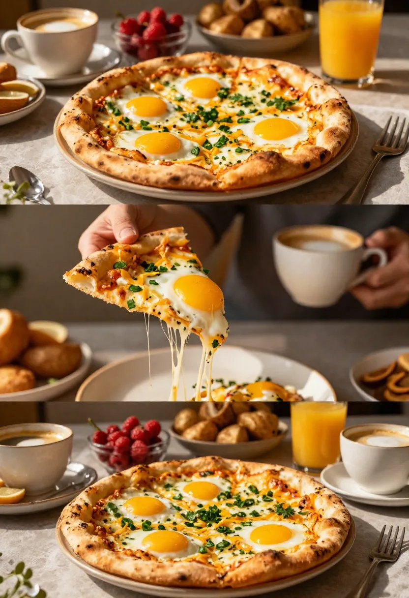 Breakfast pizza topped with four sunny-side-up eggs, melted cheese, and chives on a golden crust, served with coffee and orange juice on a table.