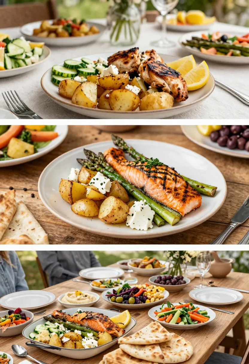 Three serving ideas featuring roast potatoes with feta and lemon alongside Mediterranean-inspired meals.