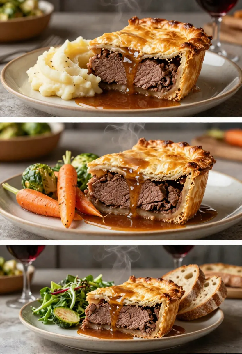 Three-panel collage of steak pie slices served with mashed potatoes, roasted vegetables, and fresh side dishes.