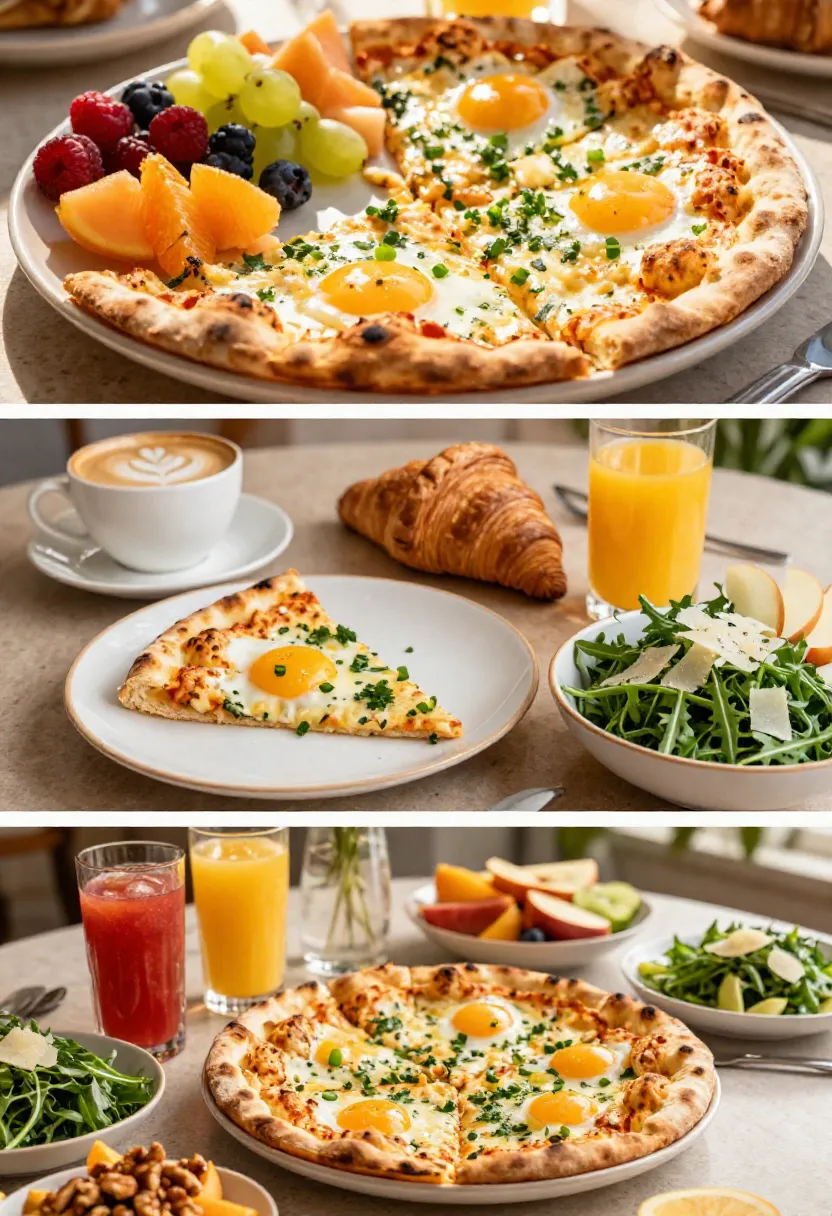 Brunch collage featuring cheesy garlic naan breakfast pizza served with fresh fruit, coffee, juice, and light breakfast sides.