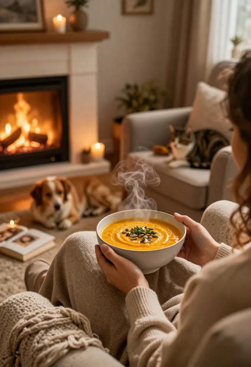 Person enjoying pumpkin wild rice soup beside a fireplace with a blanket and a pet during a cozy evening at home.