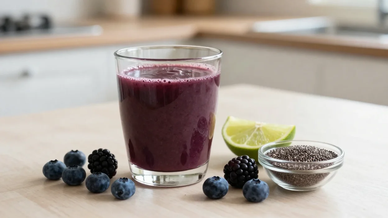 A glass of deep purple acai juice with fresh berries, lime, and chia seeds on a bright kitchen table.