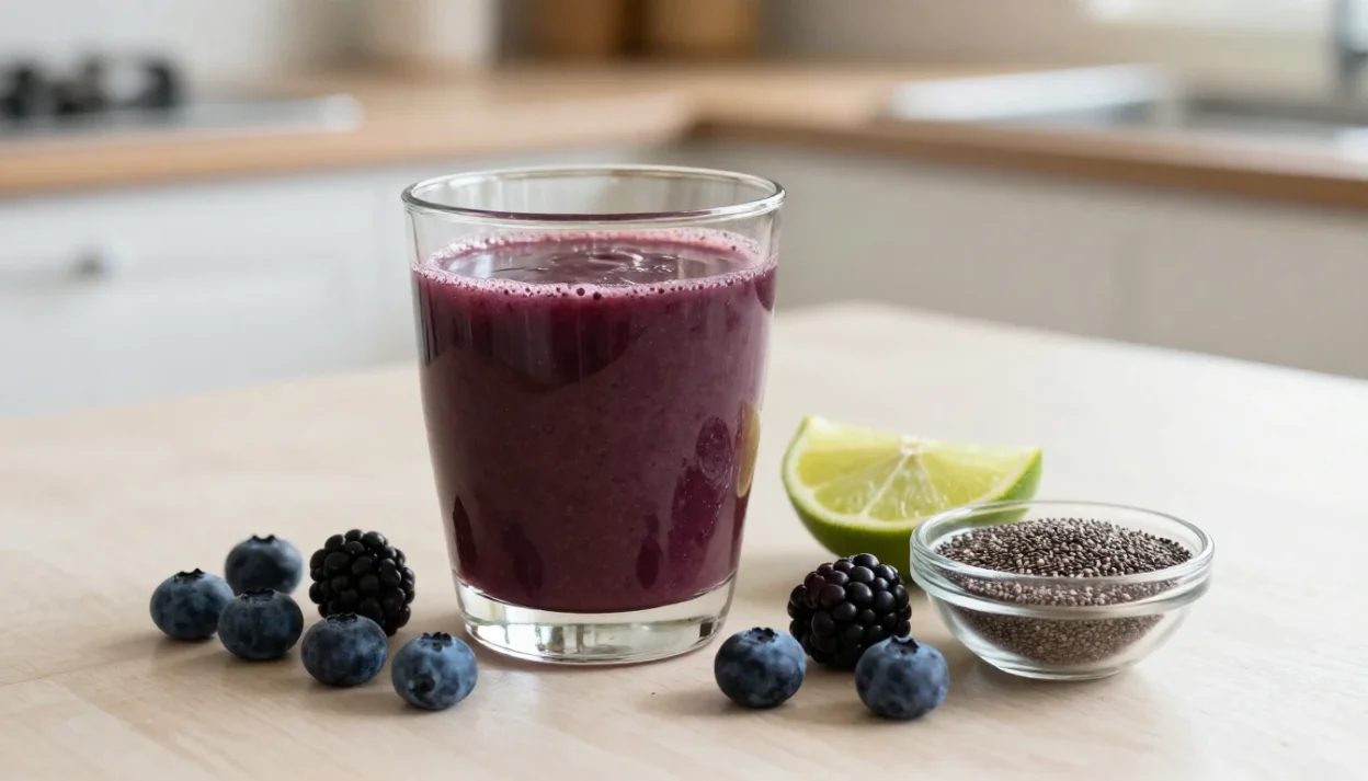 A glass of deep purple acai juice with fresh berries, lime, and chia seeds on a bright kitchen table.