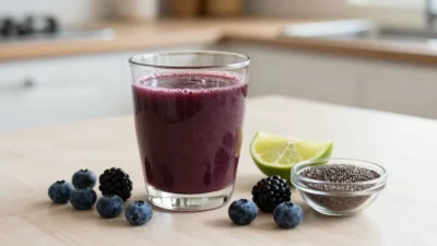 A glass of deep purple acai juice with fresh berries, lime, and chia seeds on a bright kitchen table.