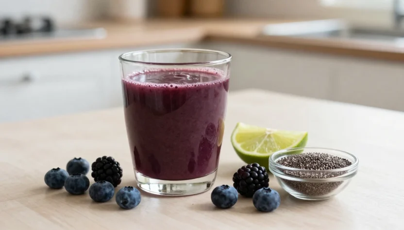 A glass of deep purple acai juice with fresh berries, lime, and chia seeds on a bright kitchen table.