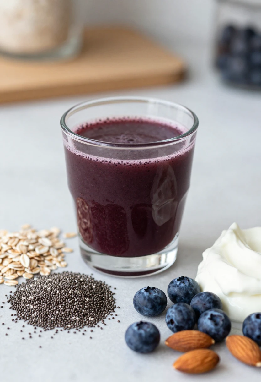 A glass of acai juice with chia seeds, oats, blueberries, almonds, and Greek yogurt.