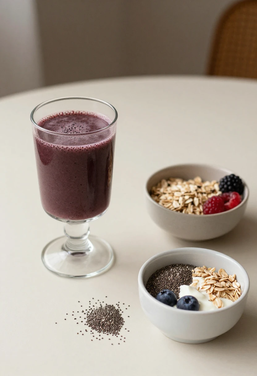 A small serving of acai juice with yogurt, berries, chia seeds, and oats for a balanced breakfast.