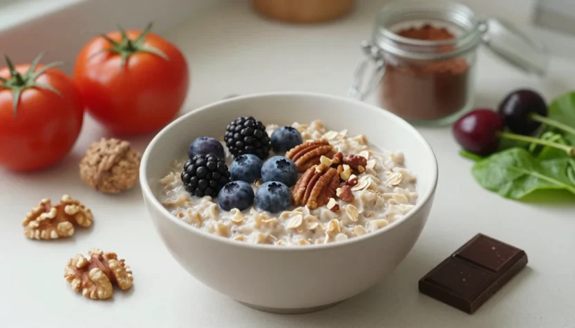 Antioxidant-rich foods for healthy aging, including berries, nuts, cocoa, tomatoes, greens, and oatmeal.