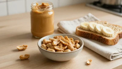 Roasted peanuts and natural peanut butter served with banana and whole-grain toast for a healthy snack.