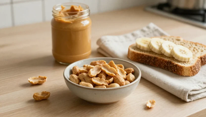 Roasted peanuts and natural peanut butter served with banana and whole-grain toast for a healthy snack.