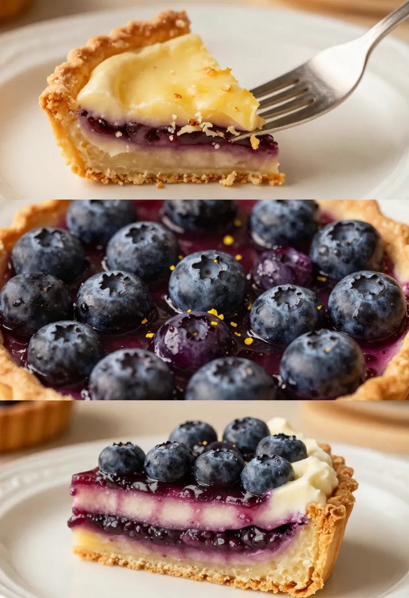 Slice of lemony tart with a creamy topping on a white plate, fork resting nearby (tasteful dessert scene)