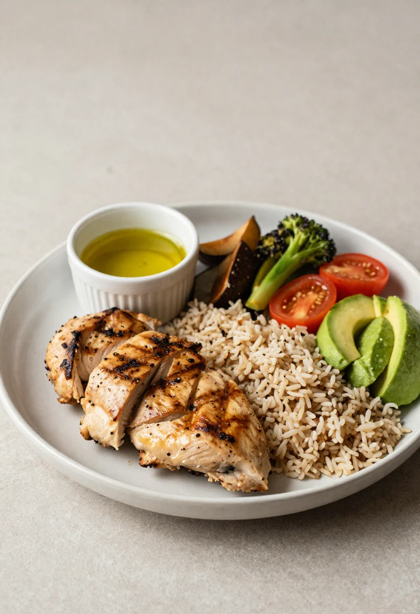 Balanced meal with protein, fiber-rich carbs, vegetables, and healthy fats to calm cravings.