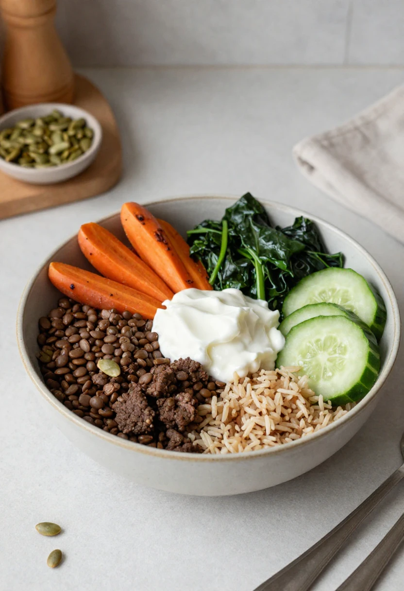 Colorful grain bowl with carrot sticks, kale, cucumber slices, lentils, brown rice, beef crumbles, and a dollop of yogurt on top.