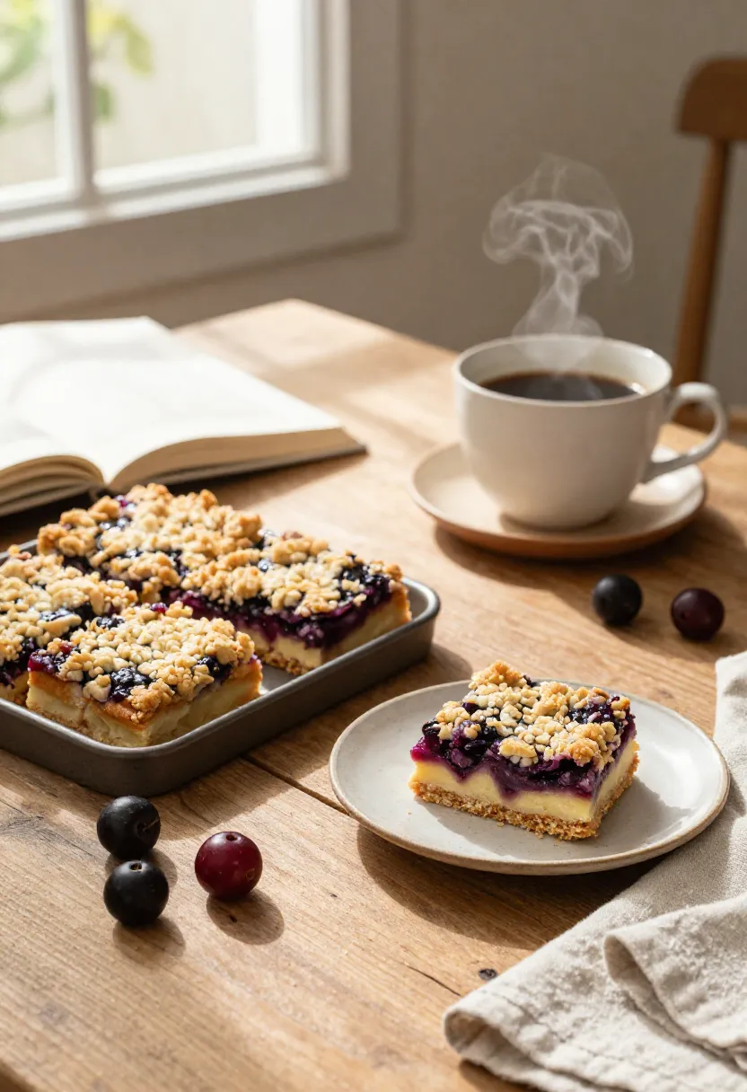 Jamun berry bars served with morning coffee in warm sunlight, showing the rich berry filling and golden crumble topping the day after baking.