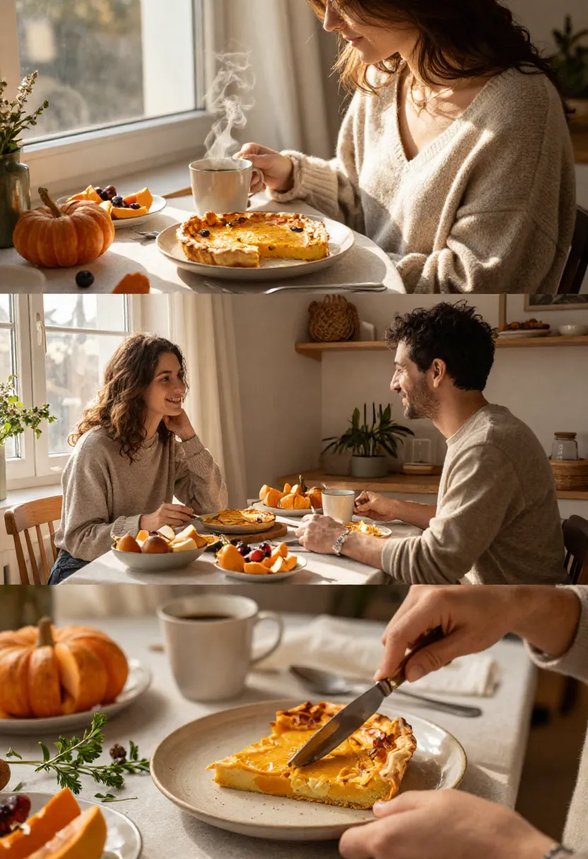Cozy morning collage showing people enjoying pumpkin frittata, coffee, and slow weekend breakfasts in warm sunlight.