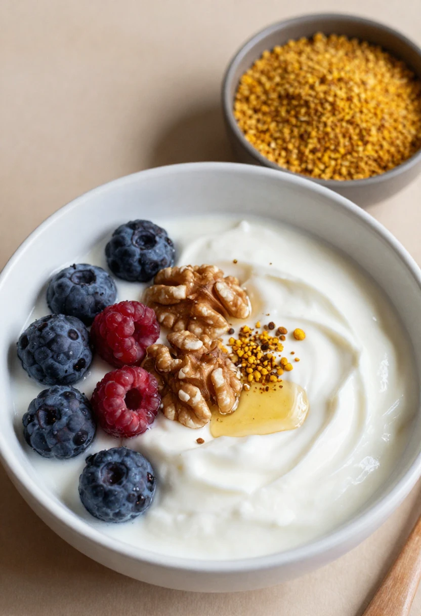 Greek yogurt bowl with berries, walnuts, honey, and bee pollen.