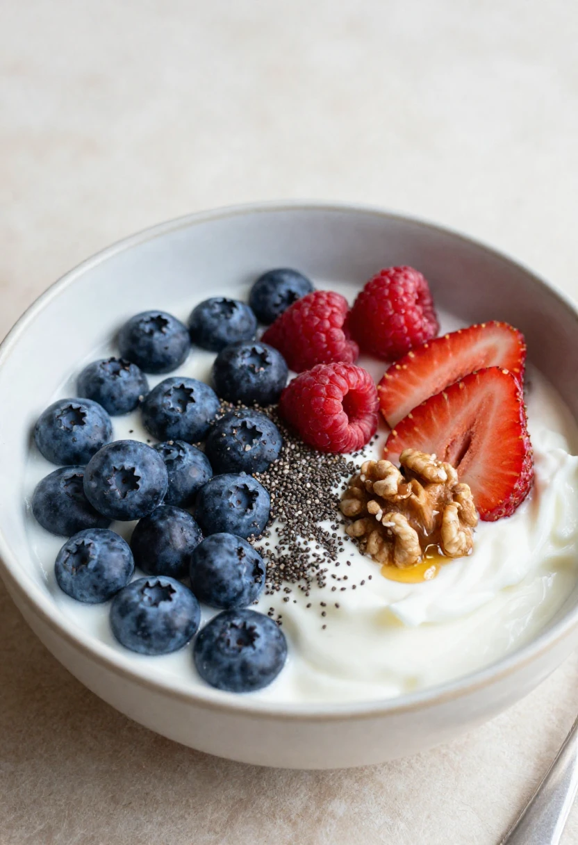 Bowl of yogurt topped with blueberries, raspberries, strawberry slices, walnuts, chia seeds, and honey.