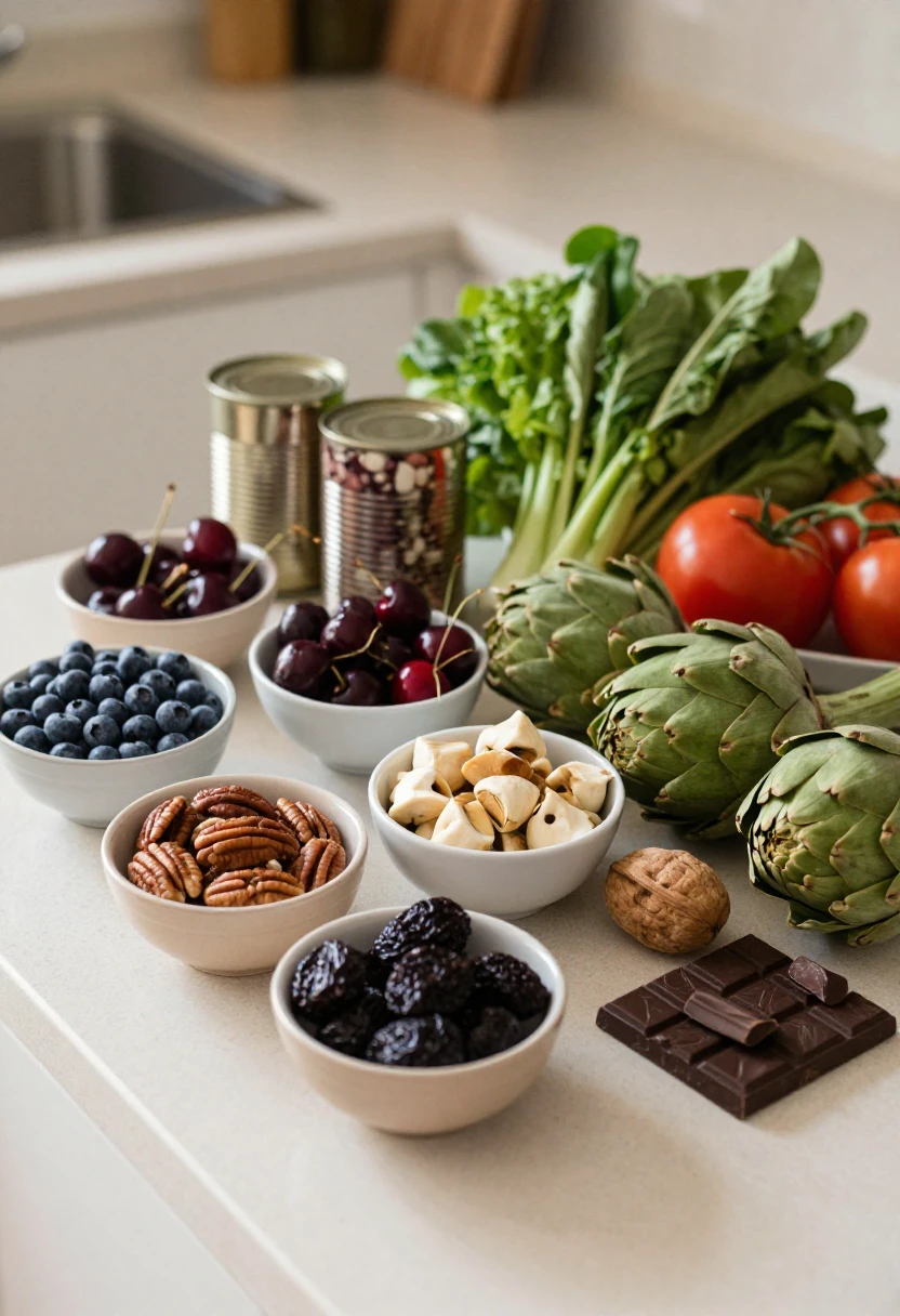 Everyday antioxidant-rich foods including berries, beans, nuts, prunes, artichokes, greens, tomatoes, and dark chocolate.