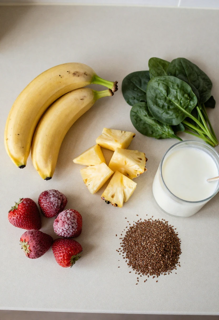 Ingredients for an easy breakfast smoothie with banana, berries, pineapple, spinach, almond milk, and flaxseed.