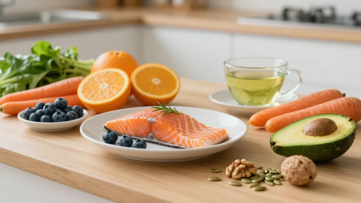 Skin-friendly foods for a natural glow, including salmon, berries, citrus, carrots, nuts, seeds, greens, and green tea.