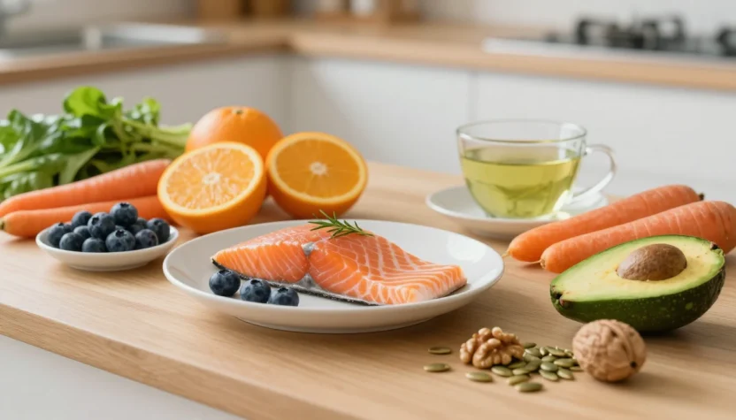 Skin-friendly foods for a natural glow, including salmon, berries, citrus, carrots, nuts, seeds, greens, and green tea.