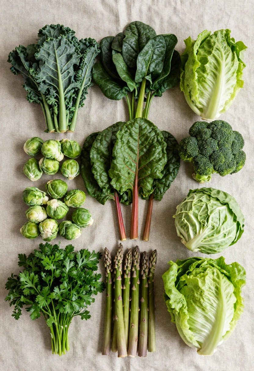 Top-down layout of fresh greens: kale, spinach, romaine, Brussels sprouts, broccoli, cabbage, asparagus, and parsley on a neutral surface.