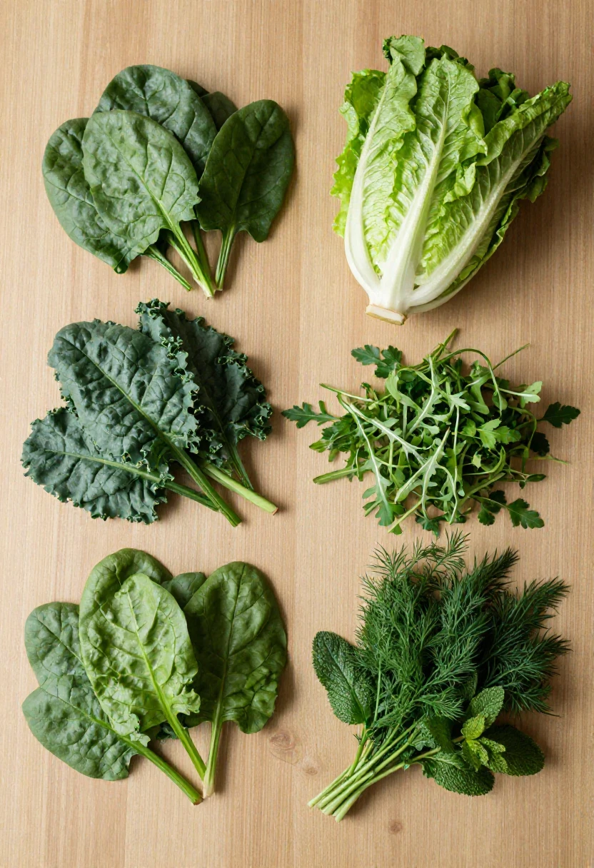 Assorted leafy greens on a wooden board: spinach, kale, romaine lettuce, arugula, plus dill and mint herbs.