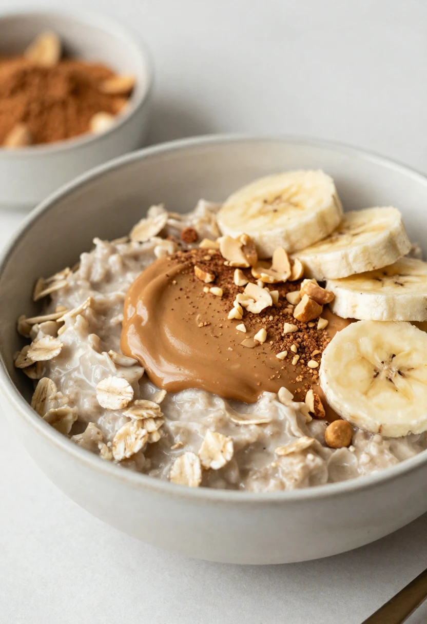 Oatmeal topped with peanut butter, banana, and chopped peanuts for a healthy breakfast.