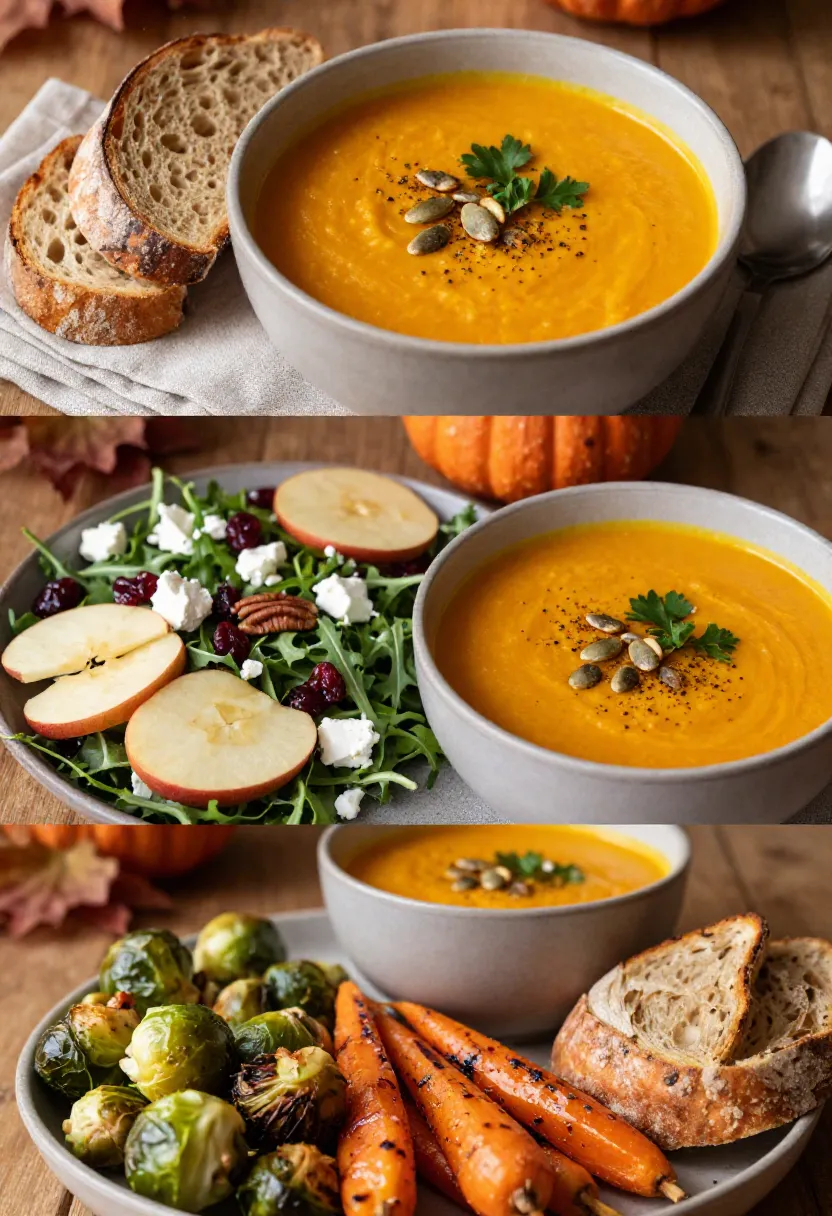 Pumpkin wild rice soup served with artisan bread, autumn salad, and roasted vegetables in a cozy seasonal presentation.