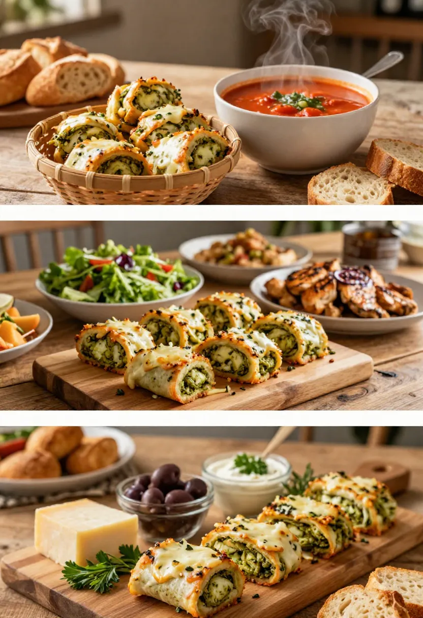 Cheesy herb pinwheel pastries sliced on a wooden board with olives, bread, and greens around.