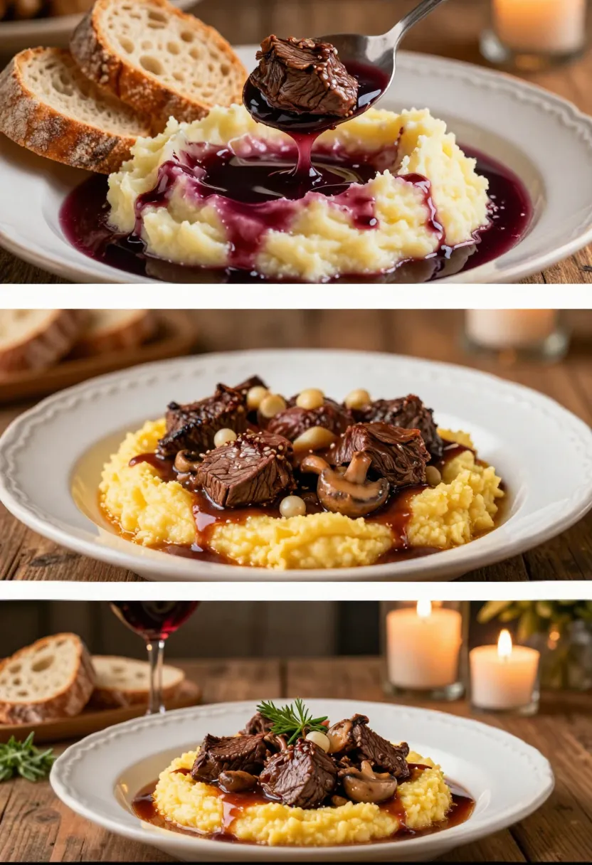 Two-panel collage showing Beef Bourguignon served fresh and enjoyed the next day over creamy mashed potatoes.