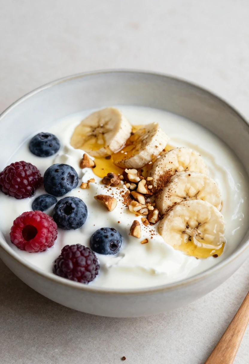 Creamy yogurt bowl topped with banana slices, blueberries, raspberries, a honey drizzle, and chopped nuts.