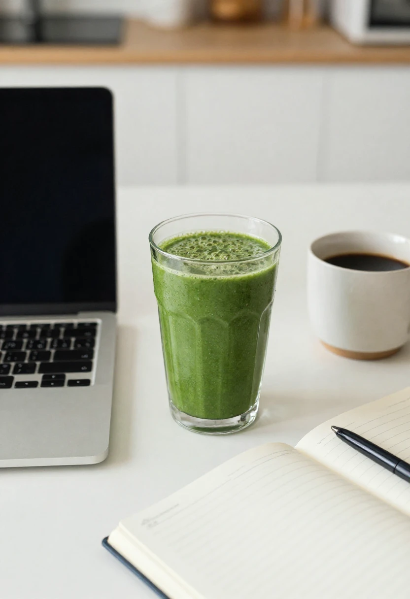 Green breakfast smoothie on a kitchen table for a quick busy morning meal.