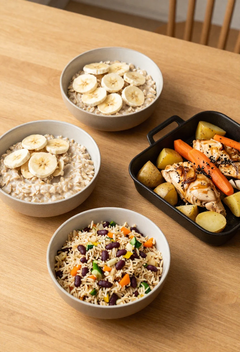 Budget-friendly healthy breakfast, lunch, and dinner ideas on a cozy table.