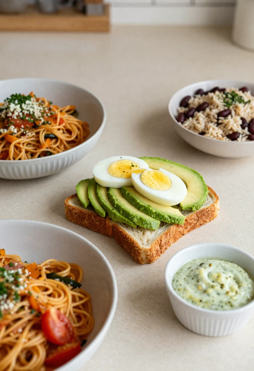 Simple everyday meals upgraded with protein, vegetables, herbs, and sauces for a personal healthy eating routine.