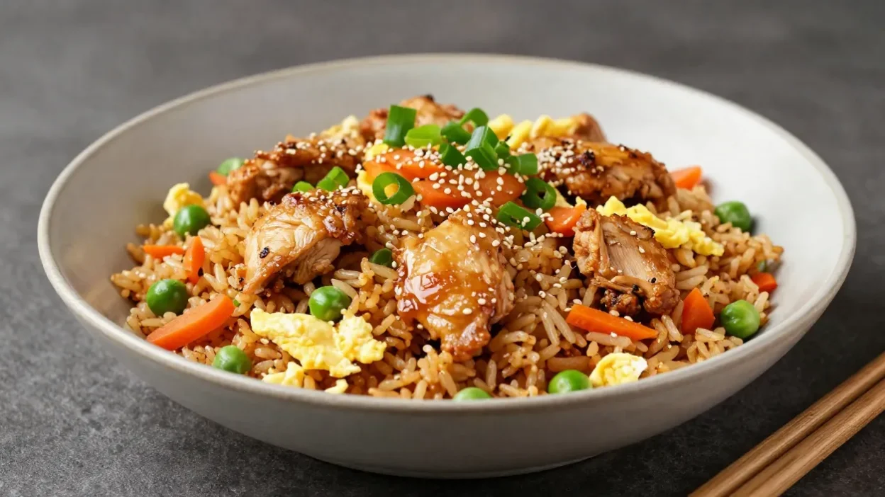 Homemade chicken fried rice served in a ceramic bowl with juicy chicken, vegetables, eggs, and green onions.