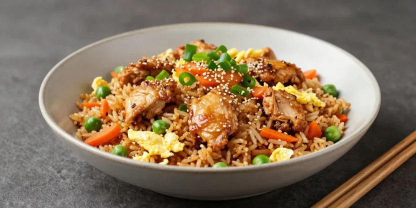 Homemade chicken fried rice served in a ceramic bowl with juicy chicken, vegetables, eggs, and green onions.