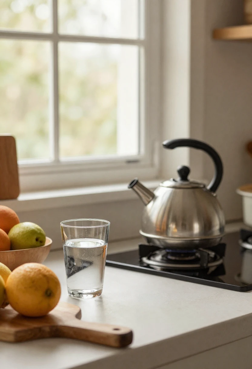 Glass of water on a white kitchen counter with a stainless kettle on the gas stove and a wooden fruit bowl nearby.