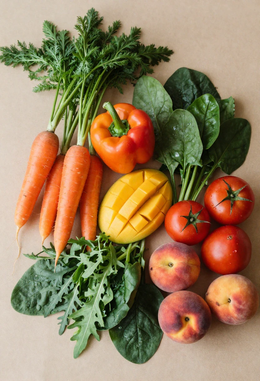 Colorful summer produce with carrots, peppers, mango, leafy greens, tomatoes, and peaches.