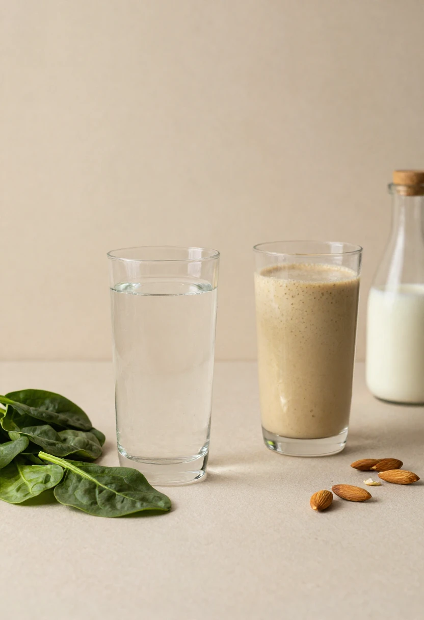 Comparison of a watery smoothie and a thick creamy smoothie on a kitchen counter.