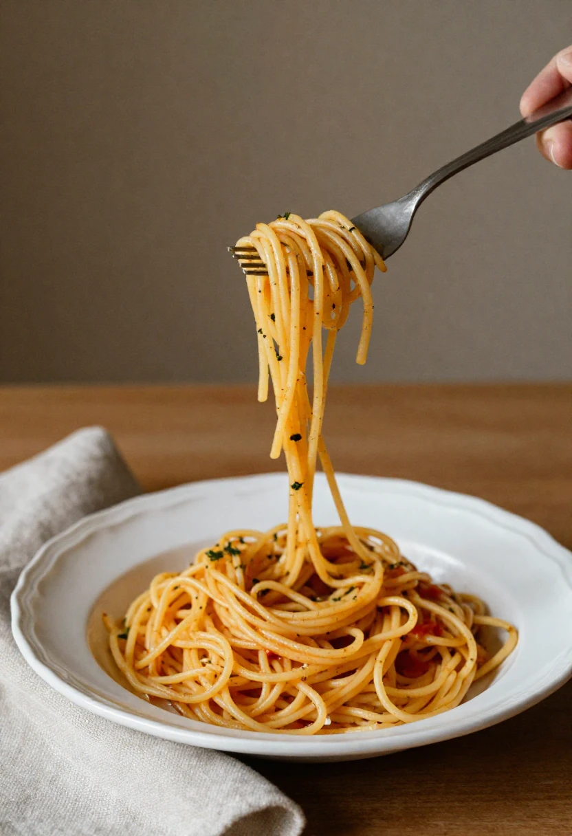 An overfilled forkful of spaghetti with loose noodles hanging above a plate.