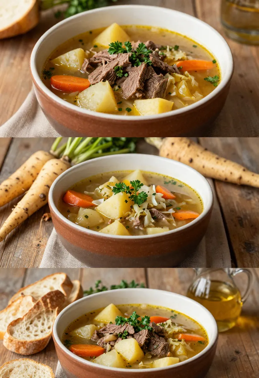 Three-panel collage showing classic corned beef and cabbage soup alongside flavorful variations with herbs, root vegetables, and seasonal additions.