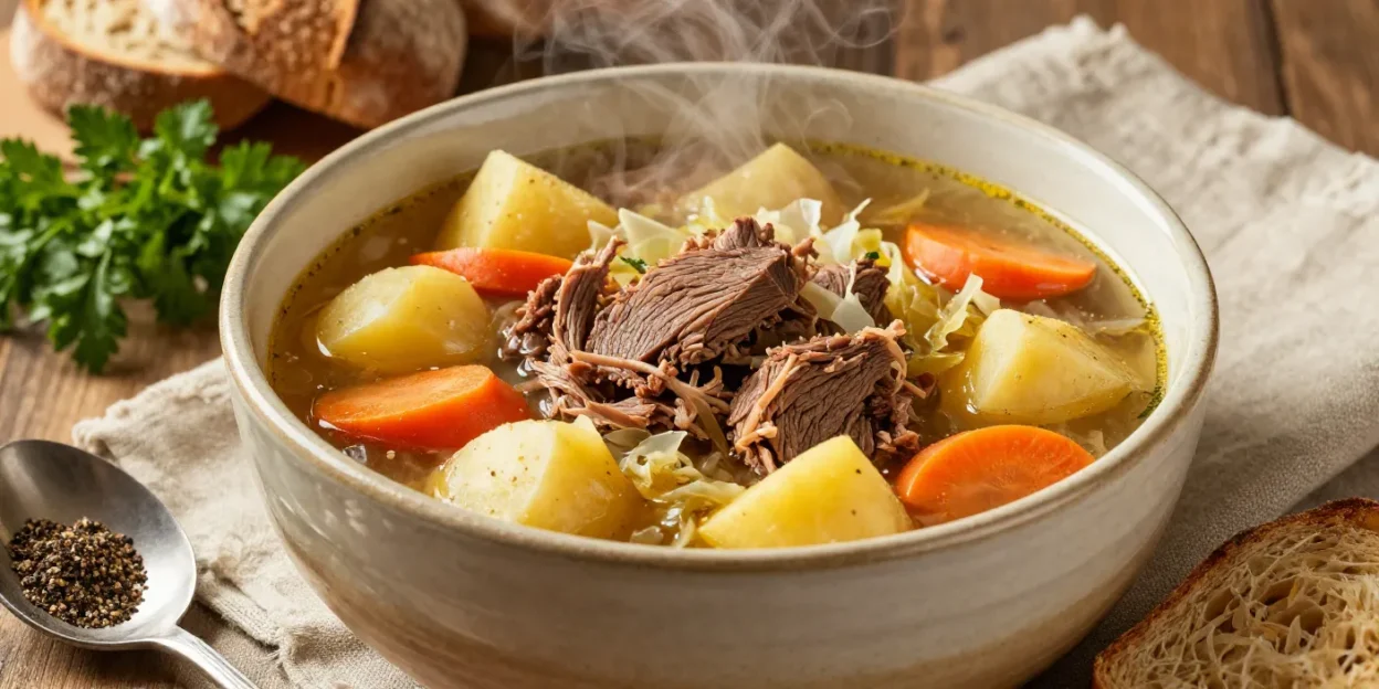 Slow cooker corned beef and cabbage soup with tender beef, potatoes, carrots, and cabbage in a rich broth, beautifully styled for a cozy comfort-food presentation.