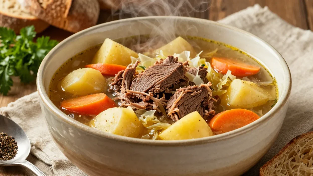 Slow cooker corned beef and cabbage soup with tender beef, potatoes, carrots, and cabbage in a rich broth, beautifully styled for a cozy comfort-food presentation.